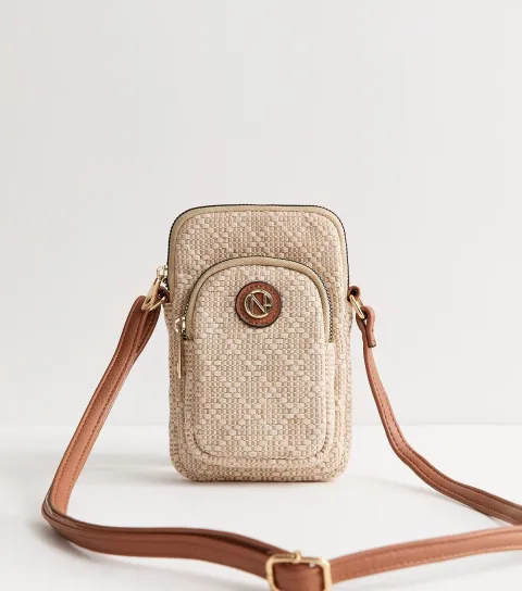 New Look Cream Canvas Logo Plaque Crossbody Phone Bag