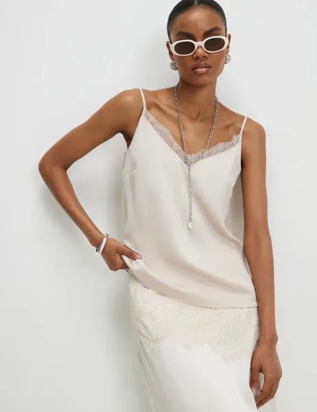 River Island Satin V-Neck Lace Trim Cami Top Beige