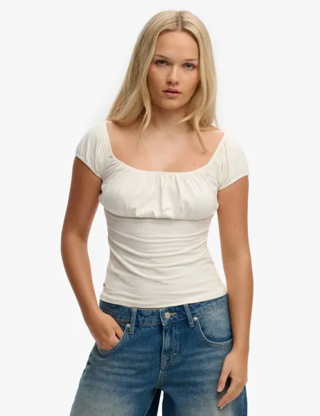 Pure Cotton Ruched Cap Sleeve Top White