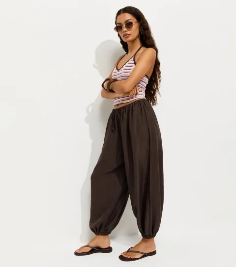 Women's Petite Brown Wide Leg Cuffed Trousers