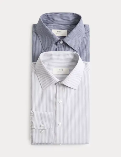 Marks & Spencer 2 Pack Regular Fit Easy Iron Striped Shirts Grey Mix