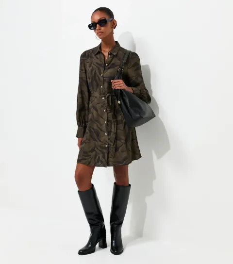 Women's Green Woven Abstract Print Mini Shirt Dress