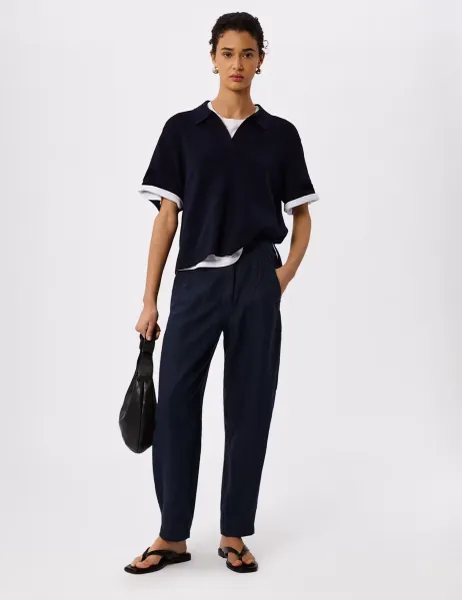 Whistles Pure Linen Barrel Leg Ankle Grazer Trousers Navy
