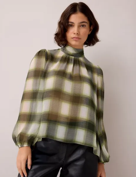 RO&ZO Tie Neck Long Sleeve Checked Blouse Green Mix