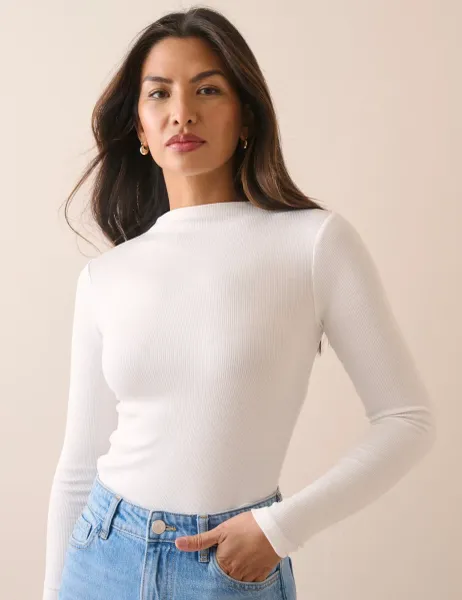 Nobody's Child Ribbed High Neck Top White