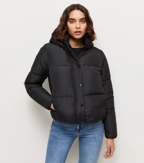 Women's Tall Black Cropped Hooded Puffer Jacket