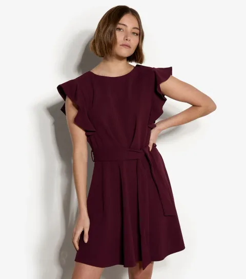 Women's Dark Burgundy Ruffle Sleeve Mini Dress