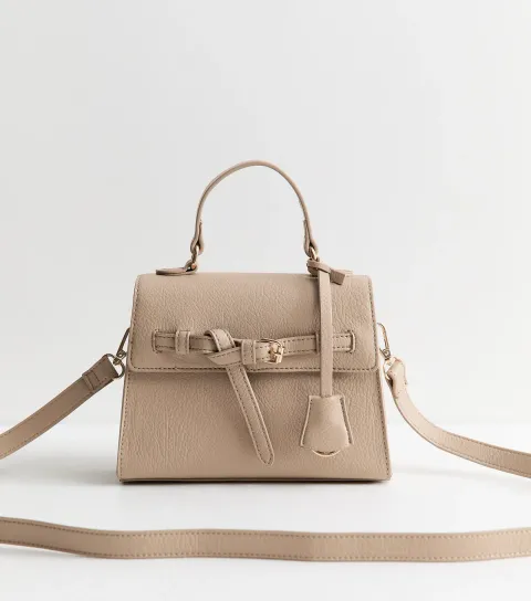 New Look Mink Pebble Faux Leather Belted Front Top Handle Crossbody Bag
