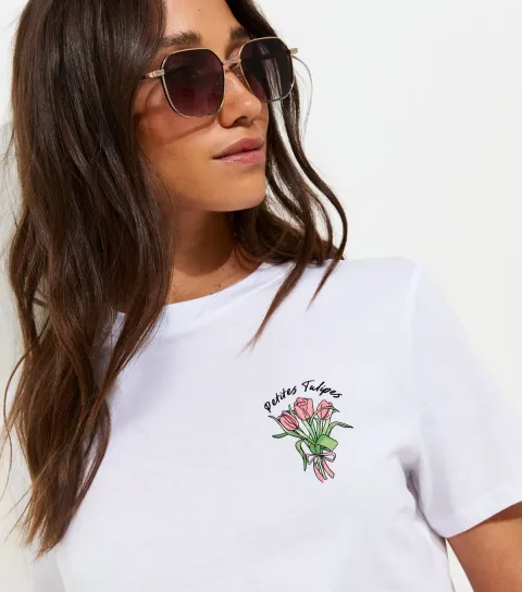 Women's White Cotton Tulip Print Relaxed T-Shirt