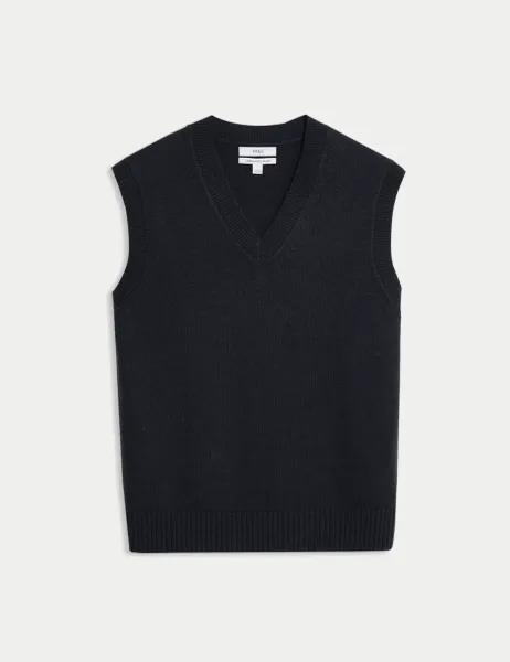 Marks & Spencer Lambswool Blend V-Neck Knitted Vest Dark Navy