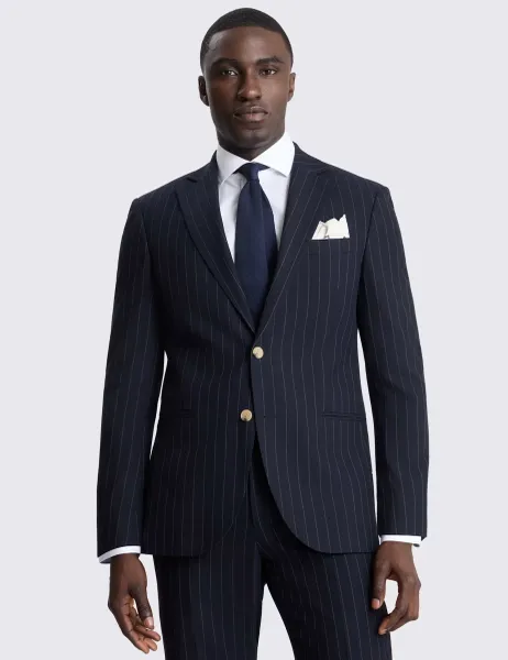 Moss Tailored Fit Striped Stretch Suit Jacket Navy Mix