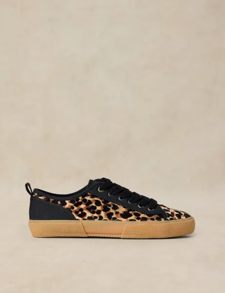 White Stuff Leather Animal Print Lace Up Trainers Brown Mix