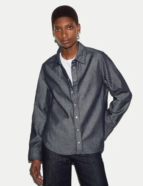 Jigsaw Washed Denim Button Through Shirt Indigo