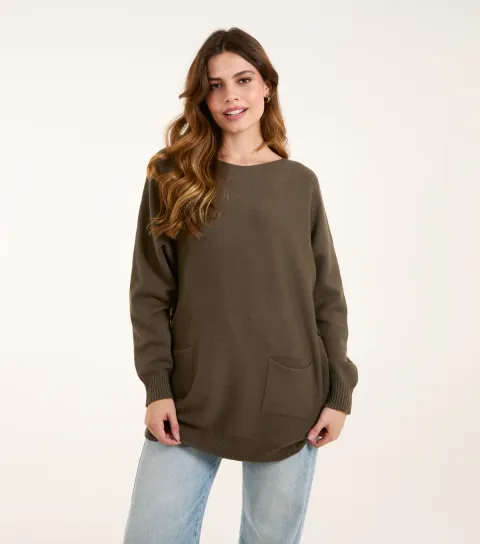 Women's Khaki Side Button Oversized Jumper