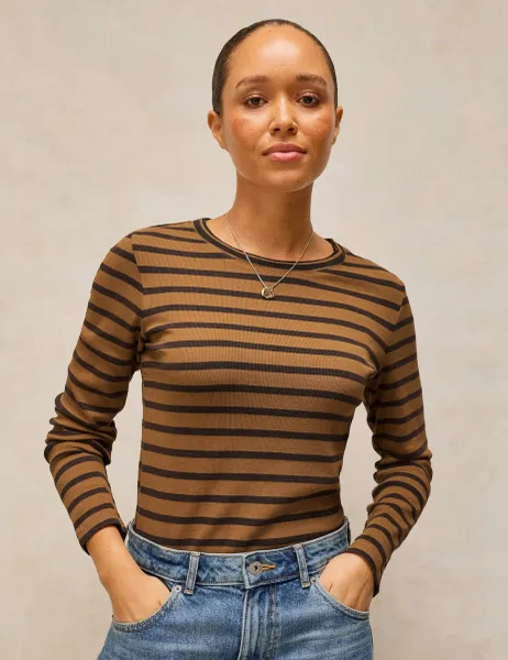 White Stuff Cotton Rich Striped Crew Neck T-Shirt Brown Mix