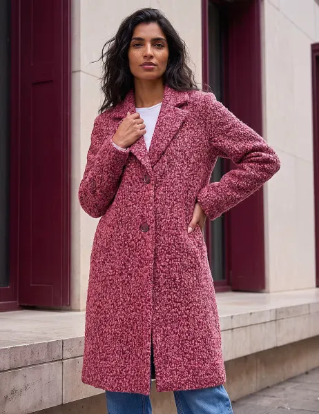 Roman Teddy Single Breasted Coat Burgundy Mix
