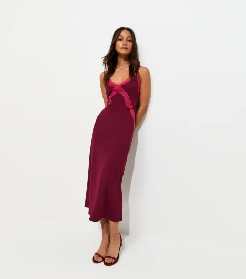 Women's Dark Burgundy Lace Strappy Contrast Trim Midi