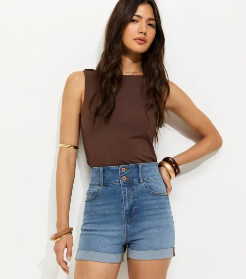 Women's Mid Blue High Waist Denim Shorts