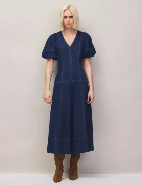 RO&ZO Denim V-Neck Puff Sleeve Midi Wasited Dress Blue Denim