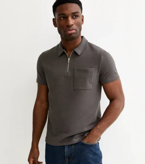 Men's Dark Grey Regular Textured Quarter Zop Polo Shirt