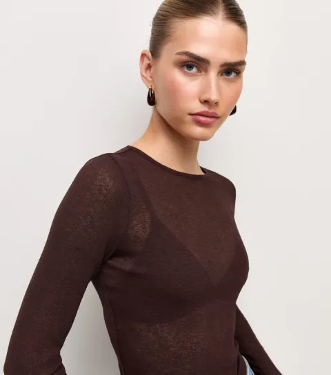 Women's Dark Brown Semi Sheer Jersey Long Sleeve Crew Neck Top