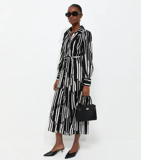 Women's Black Striped Belted Midi Shirt Dress