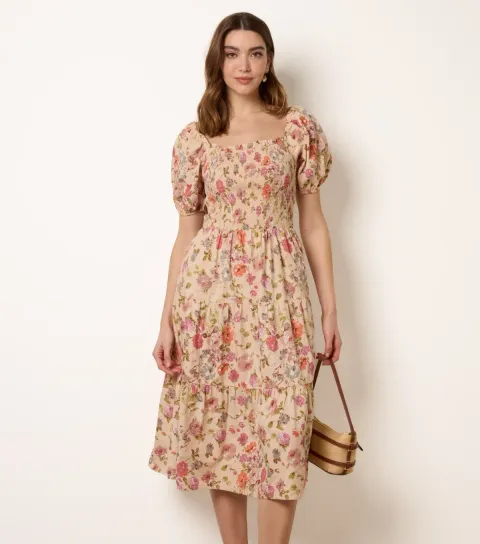 Women's Yellow Cotton Floral Tiered Midi Dress