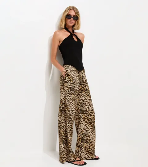 Women's Brown Animal Print Wide Leg Trousers