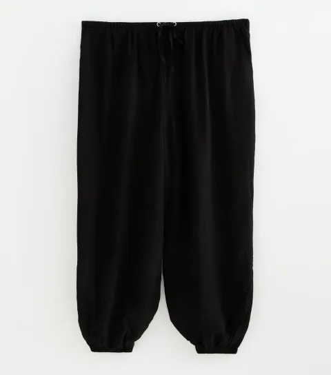 Women's Plus Size Black Wide Drawstring Waist Cuffed Trousers Curves