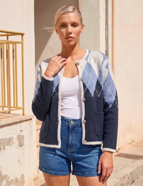 Roman Petite Argyle Round Neck Button Front Cardigan Navy Mix