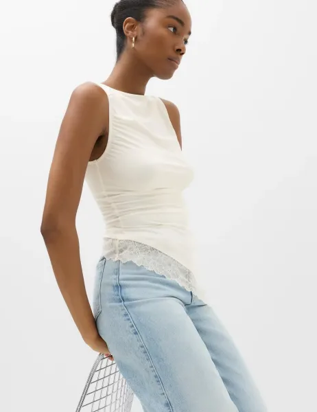 Marks & Spencer Modal Rich Lace Asymmetric Sleeveless Top Light Cream