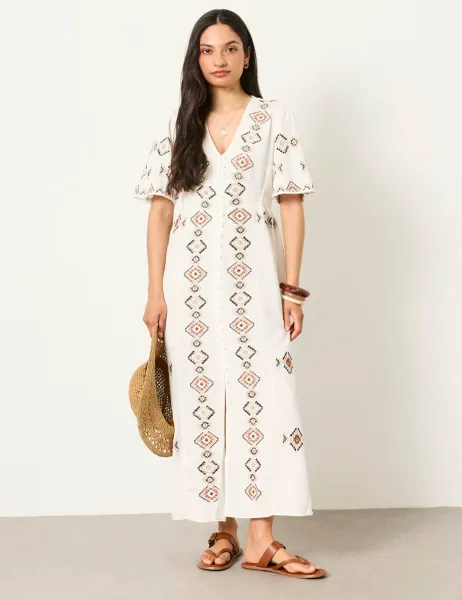 FatFace SOLENE EMB MIDI DRES Ivory Mix