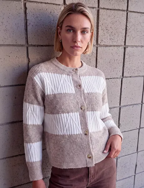 Roman Striped Button Front Cardigan Beige