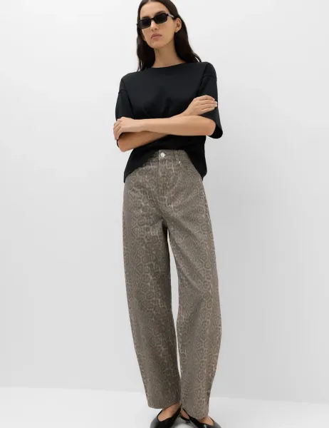Marks & Spencer Mid Rise Animal Barrel Jeans Dark Brown Mix