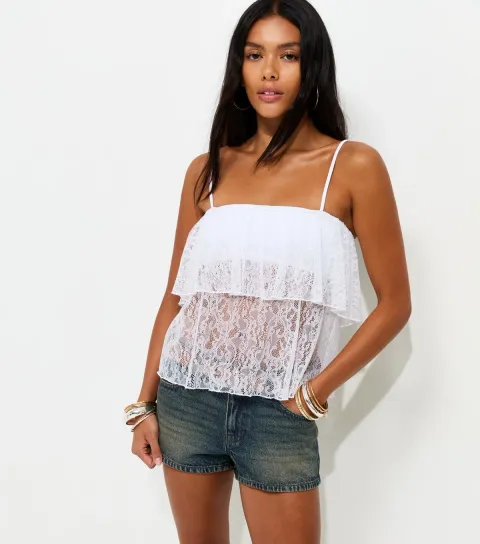 Women's White Semi-Sheer Tiered Lace Cami Top