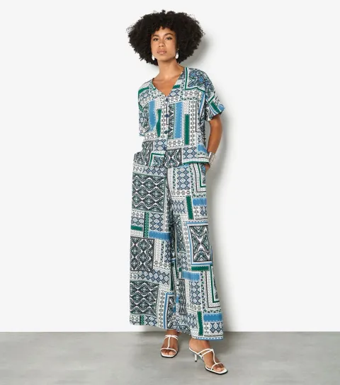 Women's Blue Scarf Print Side Split Trousers