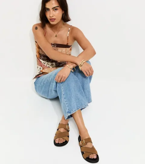 Women's Premium Real Leather Tan Suede Cross Over Strap Flat Mule Sandals