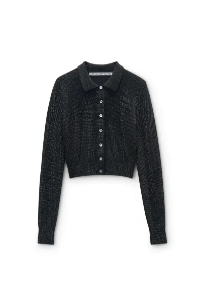 Black Wool-Blend Hotfix Polo Cardigan