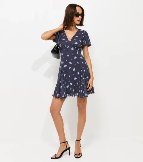Women's Blue Ditsy Print V Neck Mesh Mini Dress