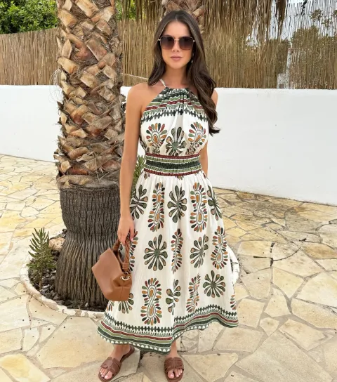 Women's Multicolour Tie Halter Neck Midi Dress