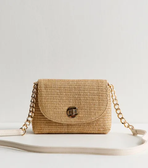 Stone Raffia Look Turn Lock Cross Body Bag