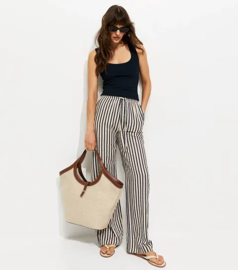 Women's Tall Blue Seersucker Stripe Wide Leg Trousers