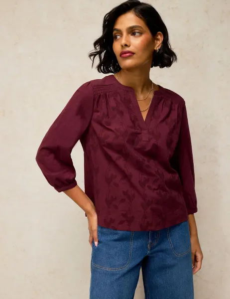 White Stuff Pure Cotton Printed V Neck Top Plum