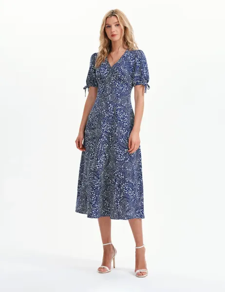 Finery London Printed V-Neck Midi Tea Dress Navy Mix