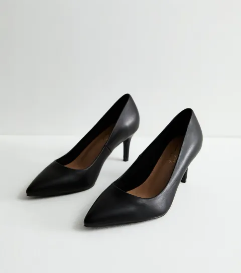 Women's Wide Fit Black Leather-Look Stiletto Heel Court Shoes