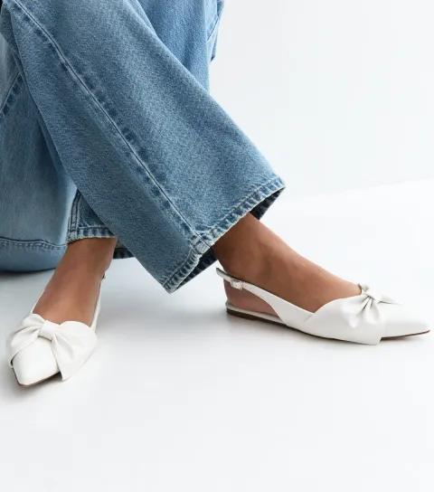 Women's White Faux Leather Bow Applique Slingback Flats Vegan