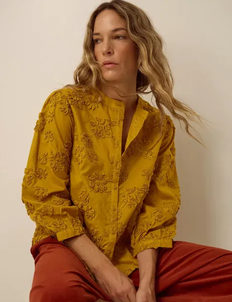 Monsoon Embroidered Round Neck Cotton Shirt Yellow