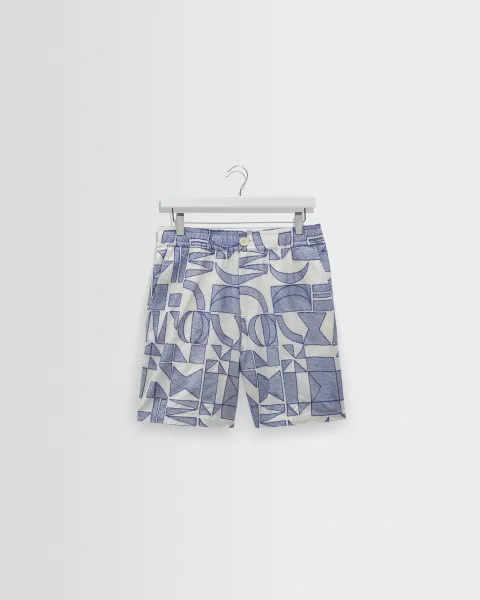 Kurt - Ecru and Blue Geometric Embroidered Shorts