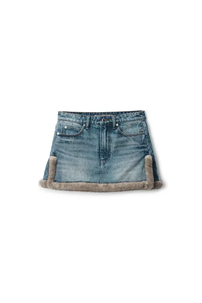 FAUX FUR TRIM DENIM SKIRT