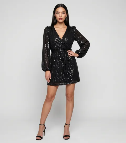Gini London Women's Black Sequin V Neck Mini Dress